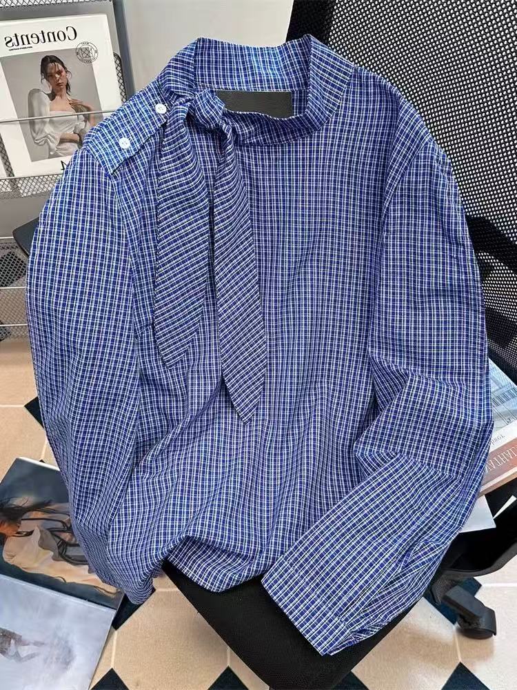 Design-sensing blue plaid strap long-sleeved shirt for women in spring 2025 new casual loose mid-length top trendy
