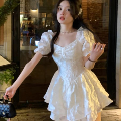 White dress, small first love puff sleeve princess skirt, pure sweet and spicy jacquard, puffy skirt, women's summer