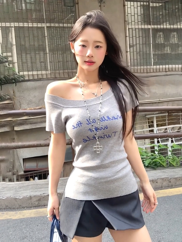 Printed color-fixed summer knitted top slim temperament hot girl slim retro one-shoulder T-shirt
