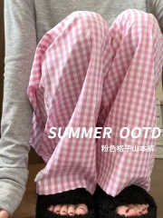 Pink and white plaid Yamamoto pants for women in summer high waist drooping new lazy casual thin straight wide-leg pants