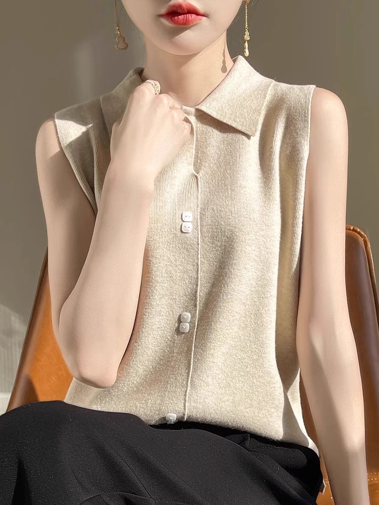Worn-spinned pure wool vest women's shirt collar sleeveless Polo lapel vest inner layer layered cashmere knit base