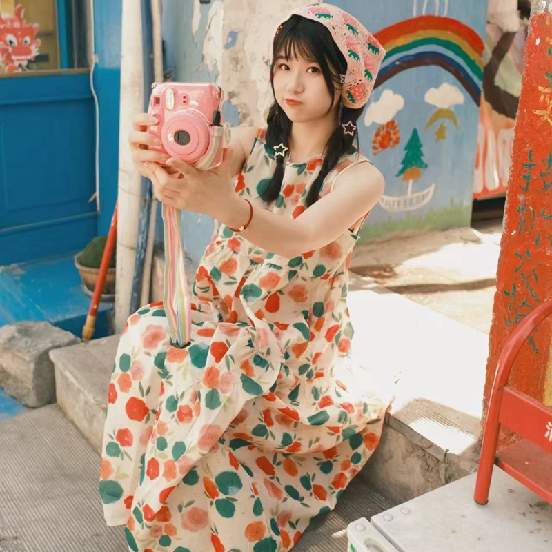 French romantic retro floral sleeveless vest dress for women chadopamine casual vacation temperament slim long skirt