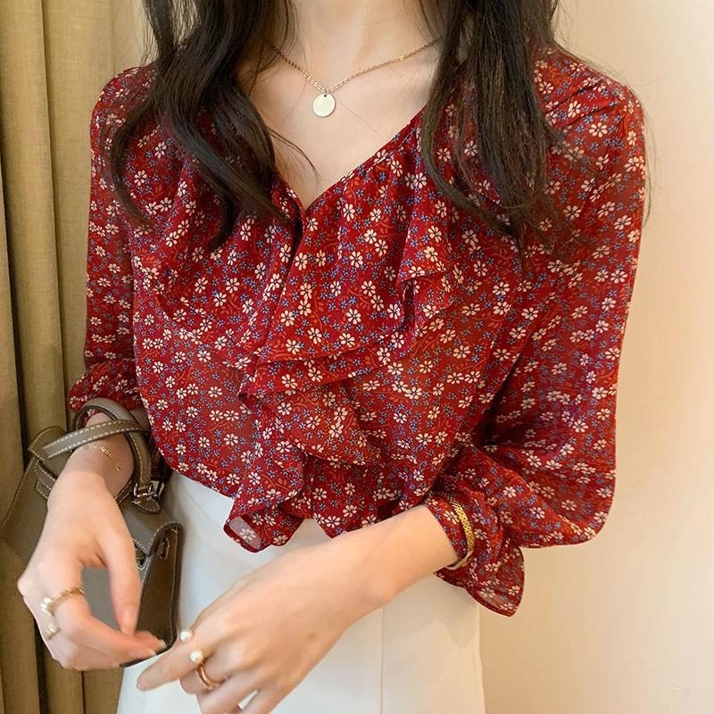 雪紡衫春季女2025新款韓版大碼女裝碎花V領木耳邊打底衫寬鬆上衣