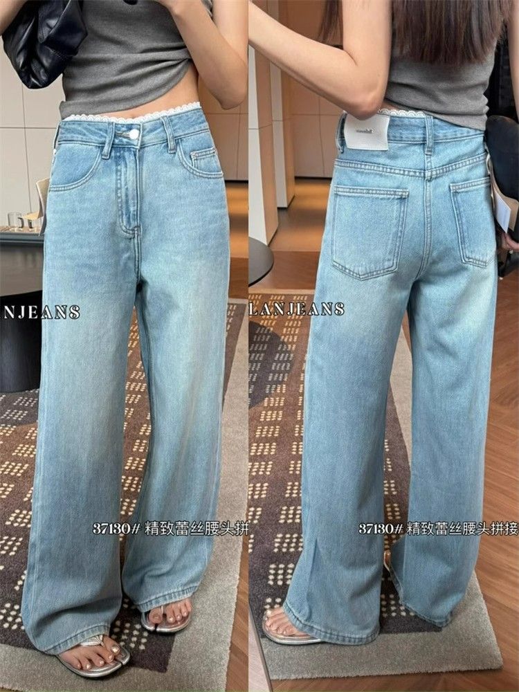 Spring Korean style design sense spliced ​​lace waist wide-leg jeans fashionable and versatile light color high-waist straight-leg pants