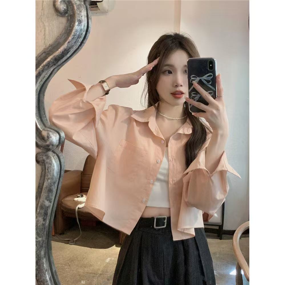 貨小眾設計感短款襯衫女夏季寬鬆休閒長袖襯衣開衫外套上衣女