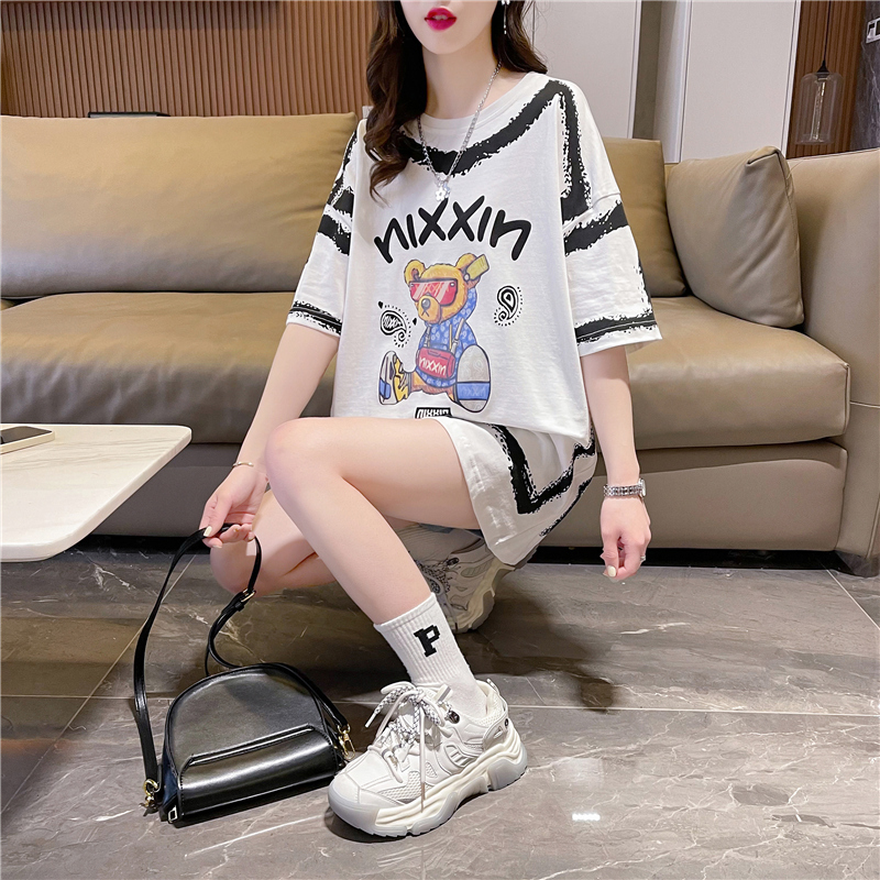 First release real-life photo shoot and street-back collar cotton summer trendy top mid-length short-sleeved T-shirt large-size top for women