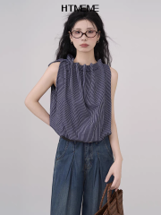 新款設計感格子綁帶皺褶無袖花苞襯衫小眾上衣