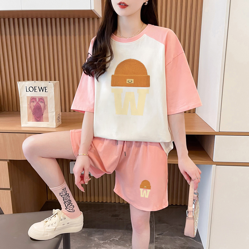 Real shot of pure cotton 32 double yarn 320g 2025 summer sports short-sleeved T-shirt shorts suit women's two-piece set