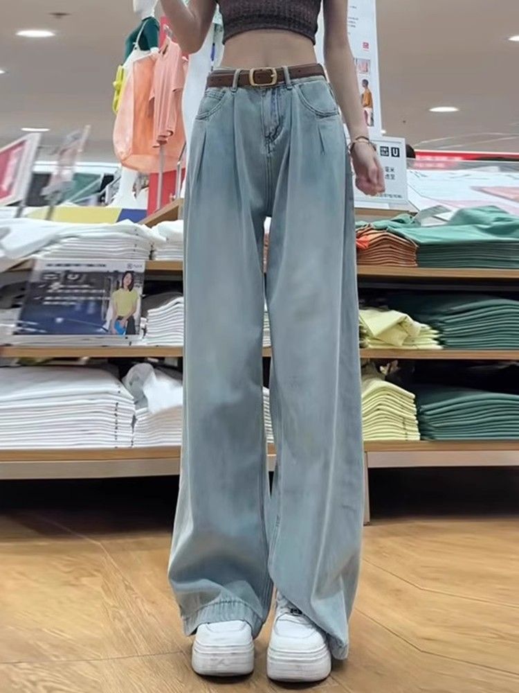 Loose and slim spring and autumn wide-leg jeans for women retro old light color high waist straight-leg trousers