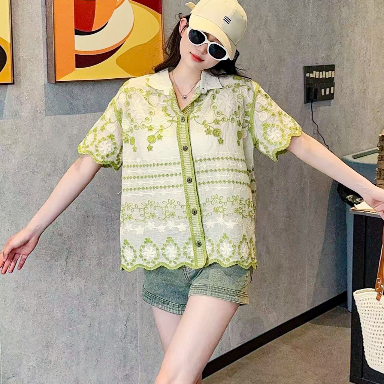 法式甜美減齡小清新刺繡襯衫女夏季寬鬆顯瘦百搭休閒長袖襯衣上衣