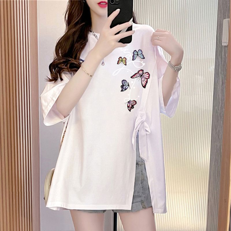 100% pure cotton strap pure cotton short-sleeved T-shirt for women irregular slit design printed loose top trendy