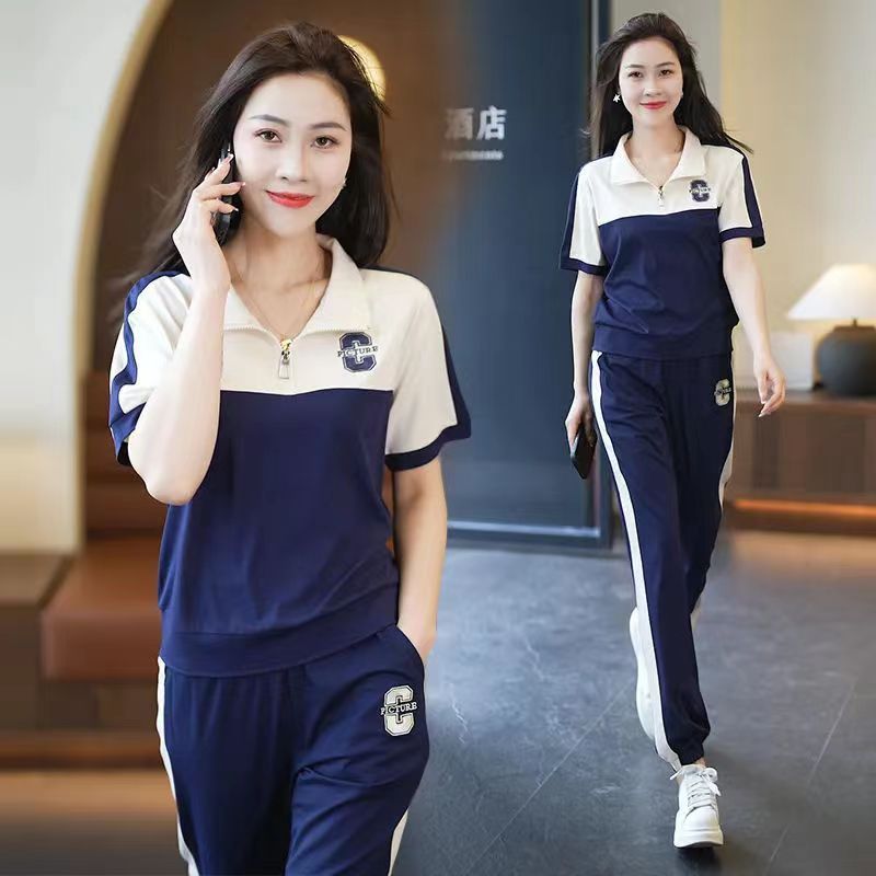 時尚運動服套裝女2025夏季新款網紅洋氣短袖拼接休閒寬鬆兩件