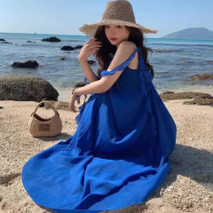 2025 new French temperament blue sleeveless suspender dress for women in summer beautiful seaside vacation style long skirt