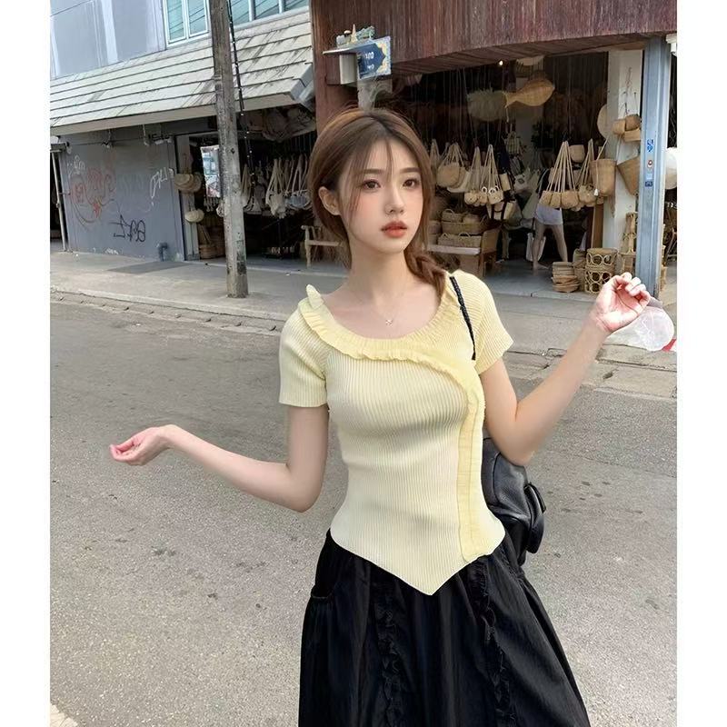 木耳邊別致設計感針織氣質辣妹修身顯瘦上衣女