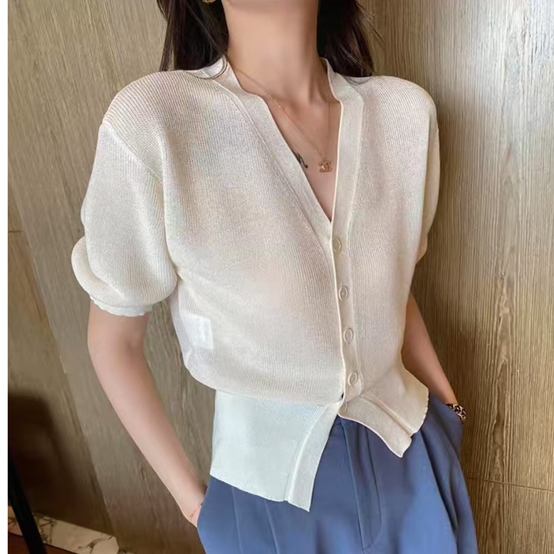 Shipped v-neck ice silk knitted cardigan for women's summer waist short sleeve loose thin small fragrance style short top