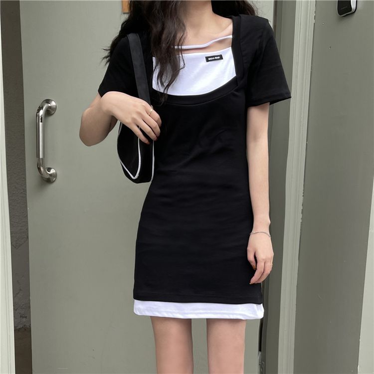 Shipped, carefully spliced ​​short-sleeved dress with inner hip-packing black short skirt base T-shirt skirt for women