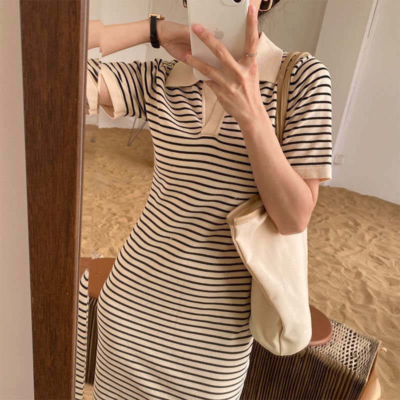 Shipped V-neck striped knitted dress Polo neck thin style waist-hugging and slim 2025 summer new model