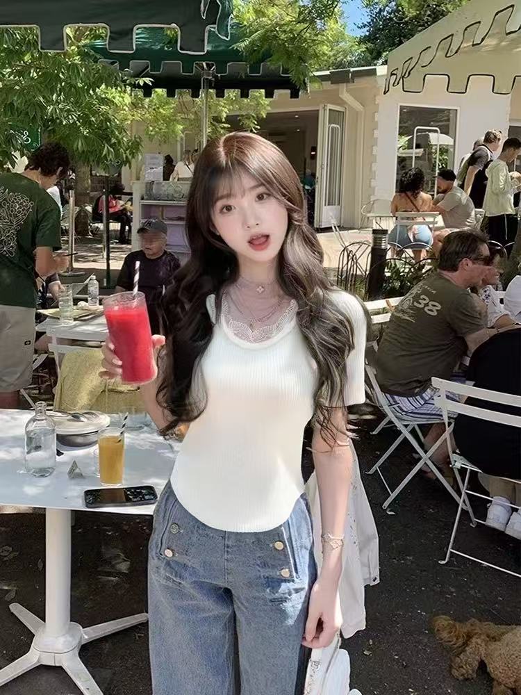 法式溫柔風圓領蕾絲邊短袖t恤女優雅氣質御姐范修身顯瘦短款上衣