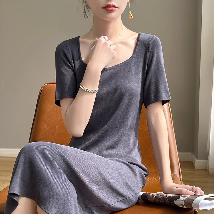 Shipped Dress Square neck short sleeve slim long skirt high waist long straight T-shirt skirt for women