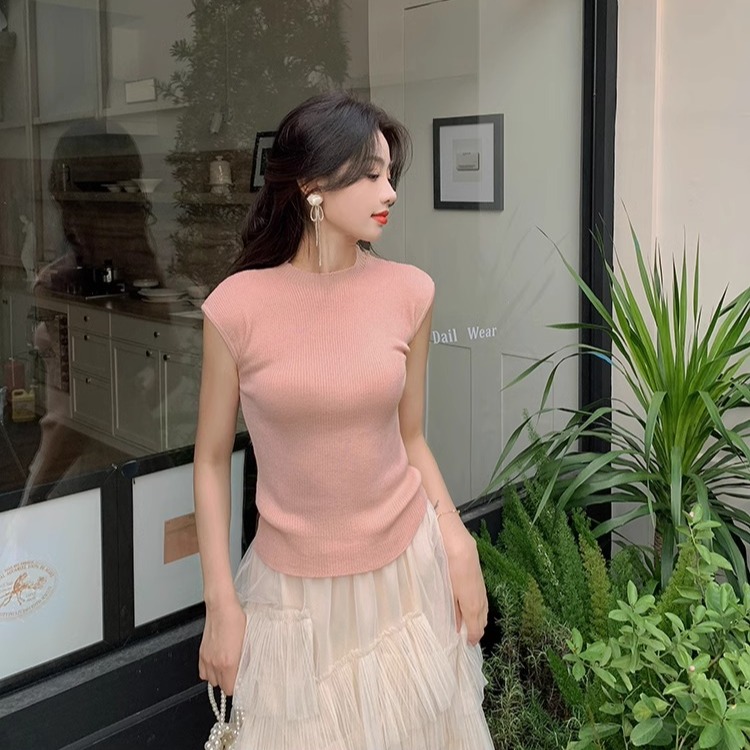 Shipped, strapless small fly sleeve T-shirt for women 2025 summer slim fit knitted top