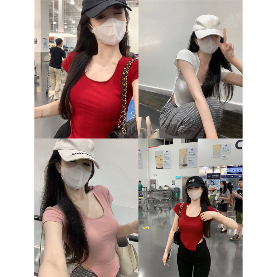 已出貨 開叉短袖T恤女夏新款韓版學院風不規則辣妹修身上衣