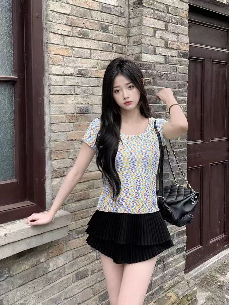 法式復古風花色圓領短袖針織t恤女純欲氣質辣妹修身顯瘦短款上衣