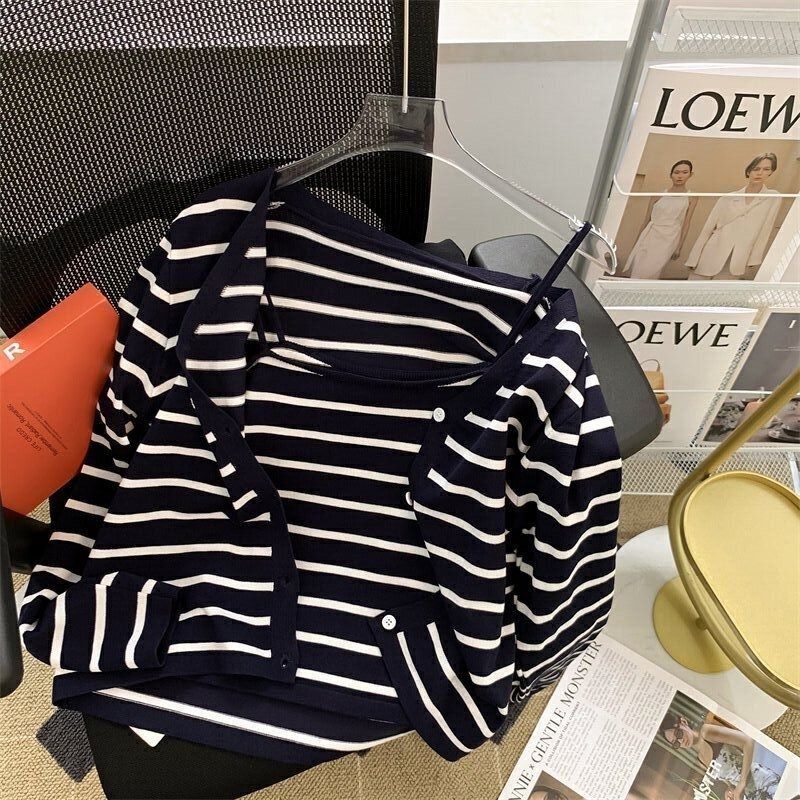 Shipping for women's summer striped small suspender vest short long sleeve chic Hong Kong style cardigan top
