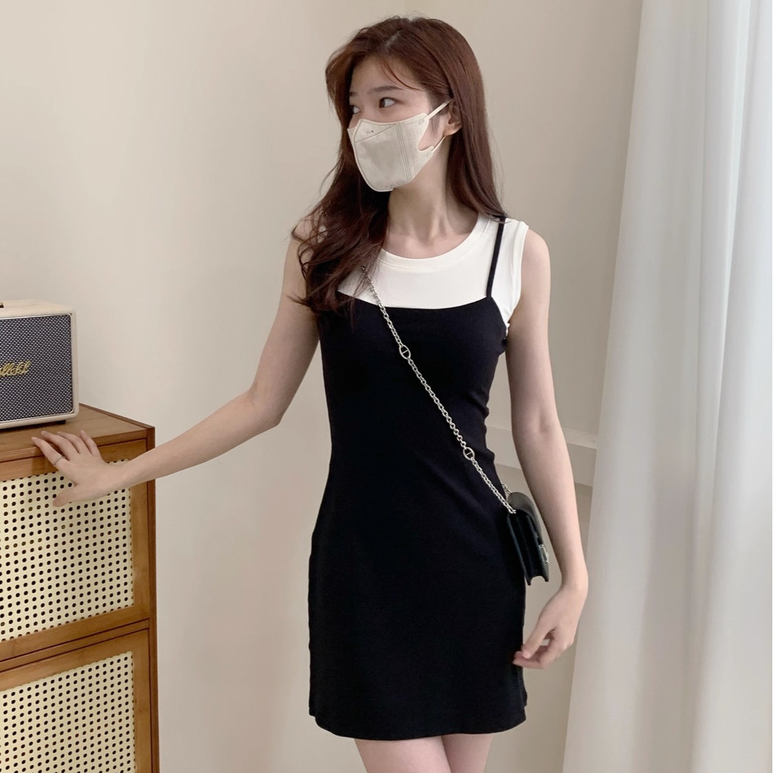 Shipped color-blocking dress Korean hip-pack skirt 2025 summer new hot girl college style Korean
