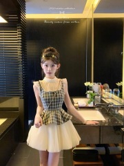 Miss Vise 3/22 New Product 4 Hours 90% Off Design Sensibility Plaid Splicing Multi-layer Mesh Net Heavyweight Dress 