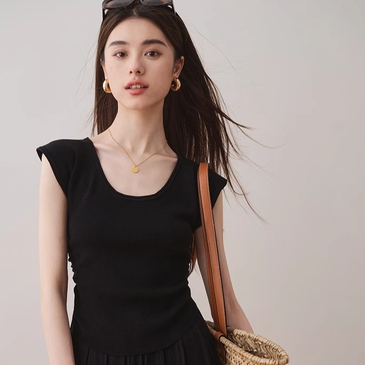 Shipped U-neck knitted short-sleeved summer new style 2025 waist-closing and pure sleeveless top T-shirt