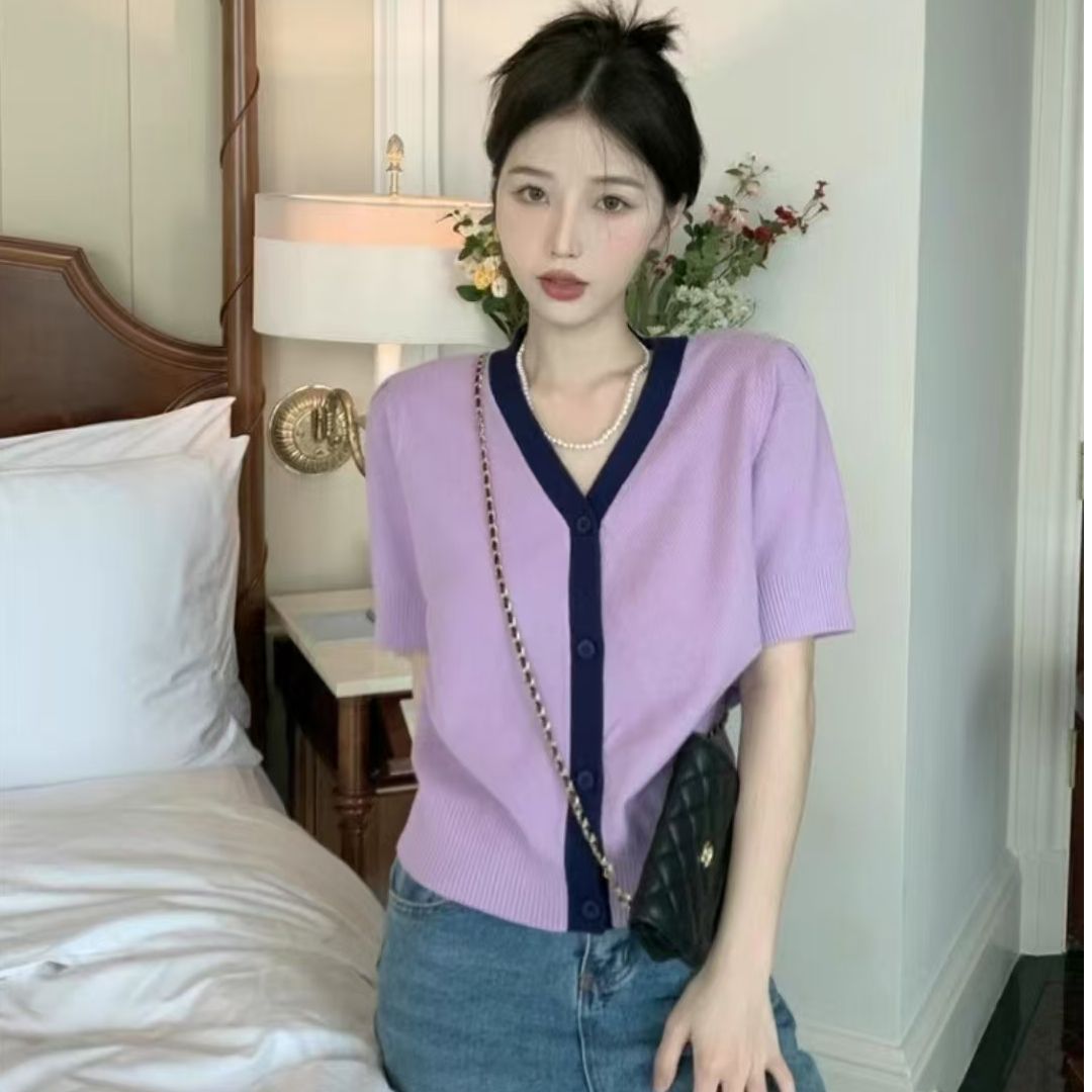 Shipped Contrast colored knitted cardigan for women with short sleeves design niche temperament short top with thin style