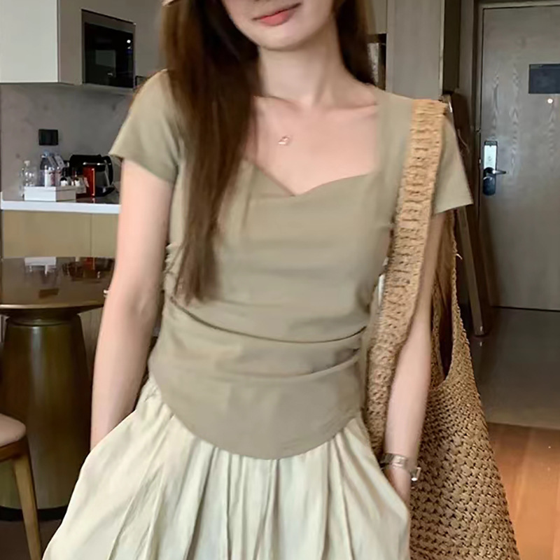 已出貨 短袖T恤女夏新款韓版小眾不規則褶皺辣妹修身百搭上衣潮