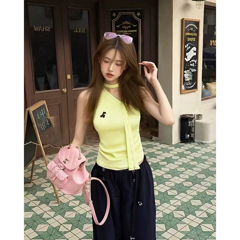 設計感別致掛脖系帶無袖修身顯瘦上衣女潮