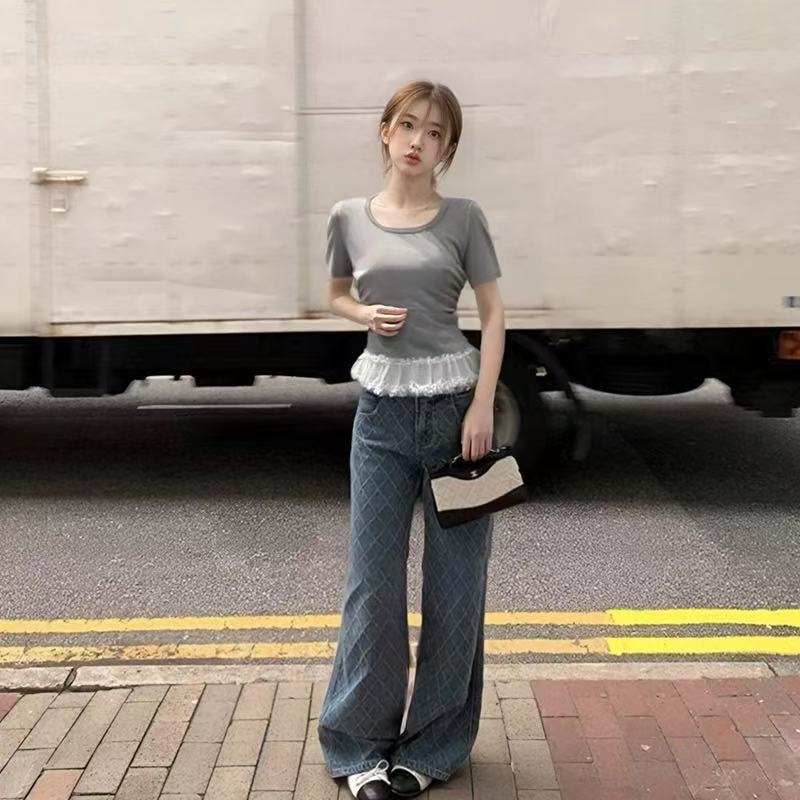 灰色圓領蕾絲拼接短袖t恤女純欲氣質辣妹修身顯瘦短款上衣
