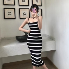 Shipped Striped suspender skirt 2025 summer sexy tight slim hip bottom knitted dress