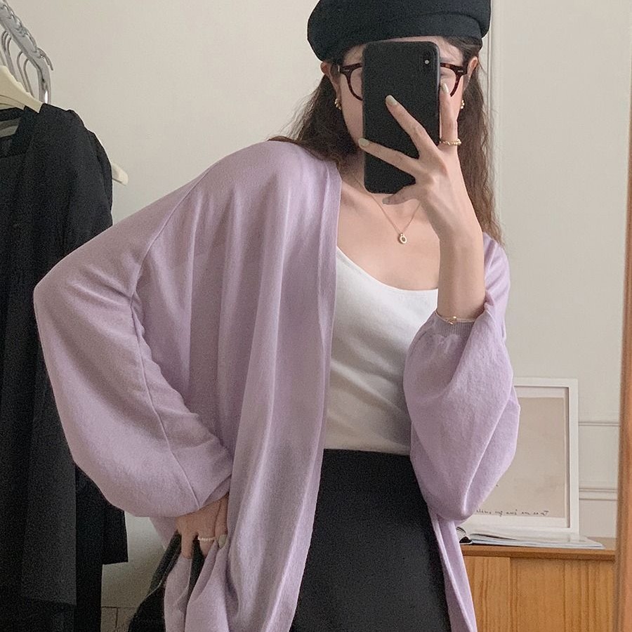 Shipped Summer thin loose long-sleeved shawl with mid-length ice silk knitted cardigan jacket top