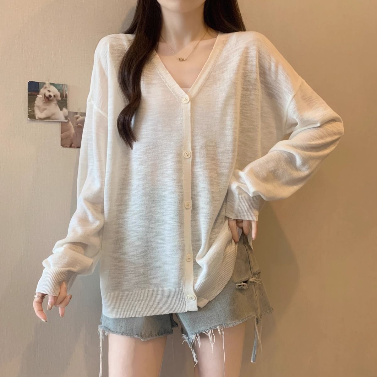Shipped V-neck sunscreen jacket women's 2025 summer mm mid-length cardigan top for women's trendy