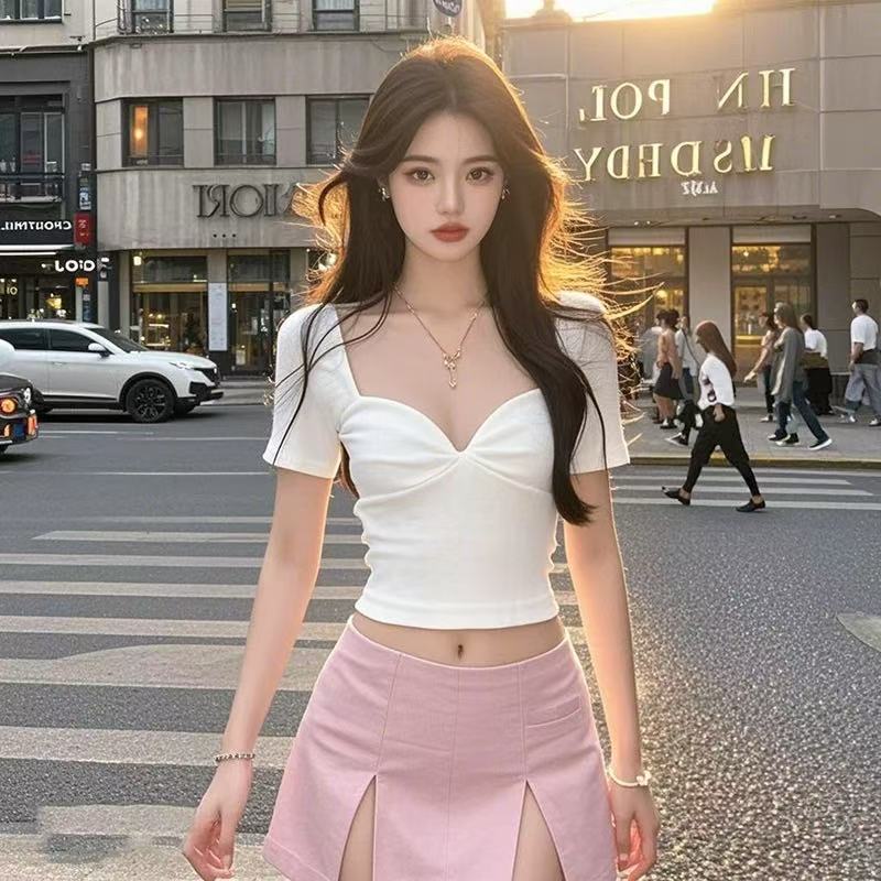方領氣質辣妹性感短款上衣女2025夏季新款