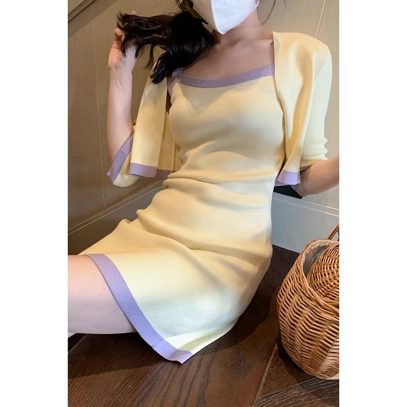 Shipped Contrast color fashionable suspender dress with knitted cardigan short-sleeved tops for women
