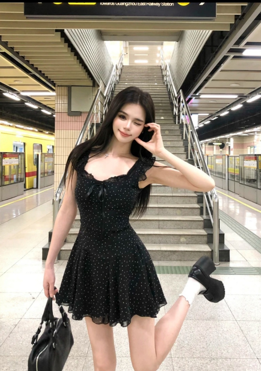 畫解WAHJU夏日舞會夏季新款波點修身顯瘦少女吊帶連衣裙9271W