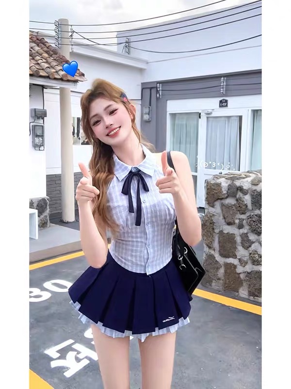 韓系學姐夏季泰式小眾甜辣妹格子掛脖套裝J25A394