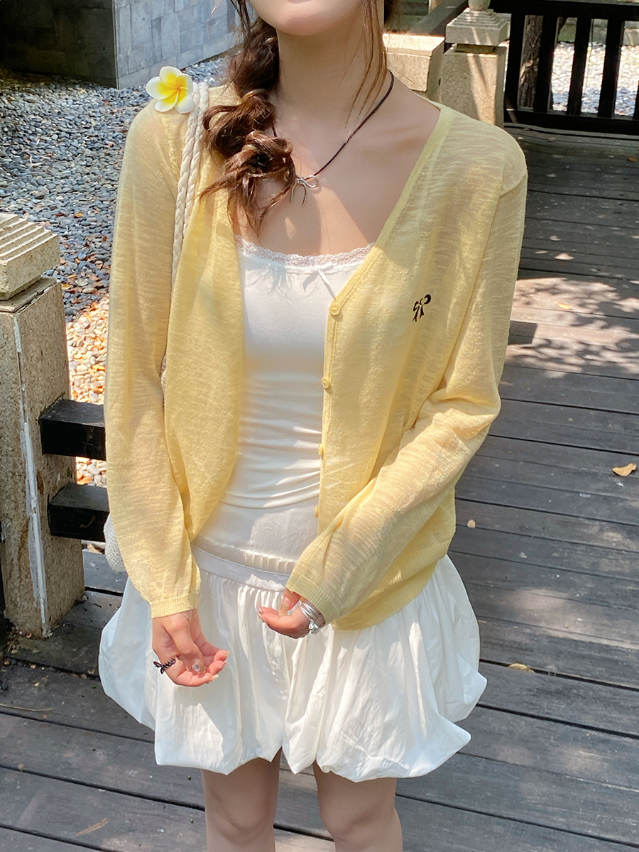 蝴蝶結刺繡V領針織開衫女薄夏季新款韓版寬鬆空調衫防曬衣服