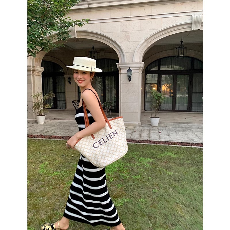 Shipped suspender dress new black and white striped skirt for women's summer suspender dress slim long skirt