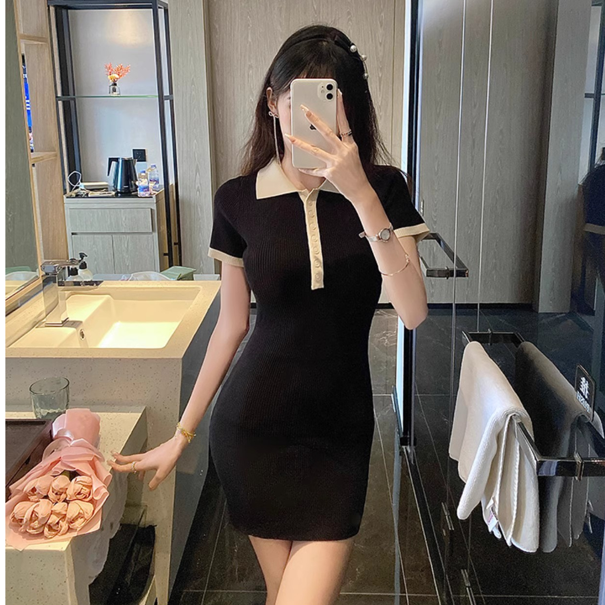 Shipped knitted dress for women summer design contrast color slim waist-hugging temperament hip-pack skirt
