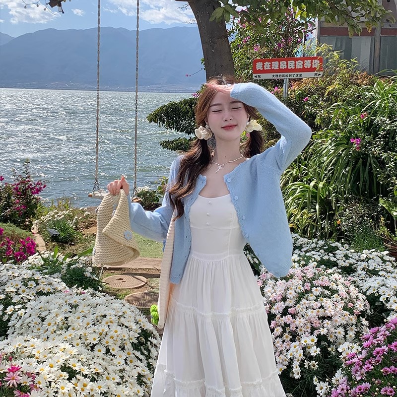 Super beautiful and unique cardigan 2025 new spring knitted jacket for women's blue top