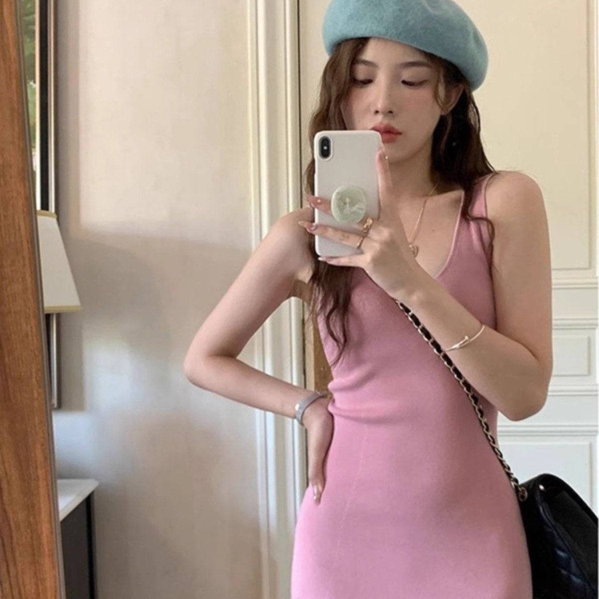 Shipped hot girl dress women's summer 2025 new pink waist-hugging mid-length skirt
