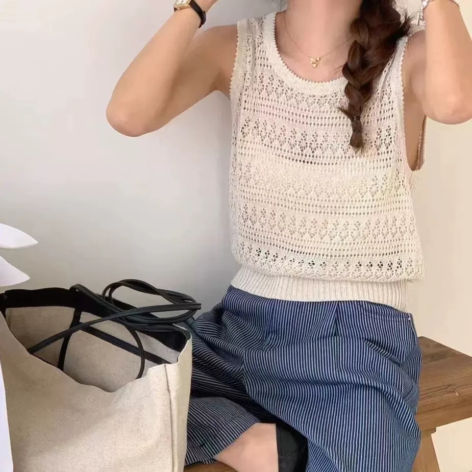 十三行女裝春款鈎花鏤空針織馬甲背心慵懶疊穿小坎肩內搭上衣