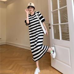 Shipped Black and white striped dress for women sweet summer casual loose pullover round neck straight T-shirt skirt