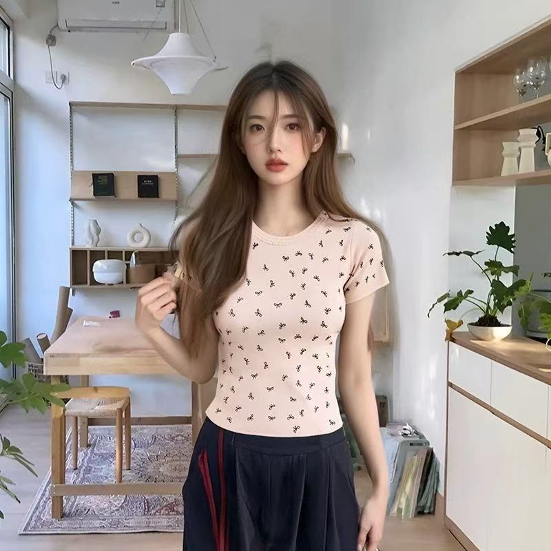 圓領短袖T恤2025夏季氣質減齡蝴蝶結印花上衣女