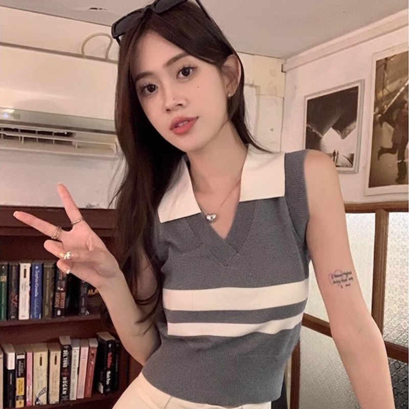 Shipped Striped Knitted Vest for Women's Summer New American Polo Collar Short Slim Outer Wearing Base Shirt